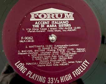 Vintage Italian LP: Accent Italiano by The Di Mara Sisters, Forum F-9062, 1960, samples