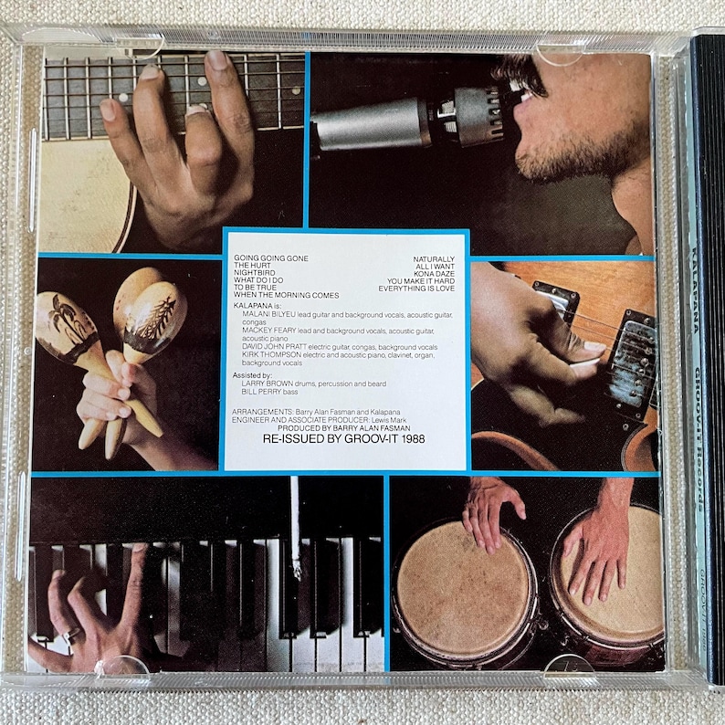 May include: A CD case back insert featuring a collage of musical scenes including a guitar fretboard, a person singing into a microphone, maracas, a guitar body, piano keys, and conga drums, with printed track lists and credits for Kalapana.