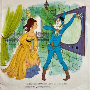May include: Illustration from a children's book depicting a scene from The Wizard of Oz. Glinda the Good in a yellow gown stands near a blue-clad Scarecrow. The background shows a castle interior with a large, ornate doorway.