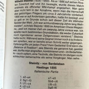 May include: A page from a chess book featuring a black and white photograph of Wilhelm Steinitz, the first official world chess champion. The text discusses Steinitz's chess strategy and includes a chess game notation.