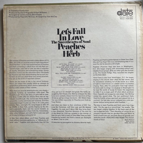 Vintage Soul LP: Lets Fall in Love by Peaches & Herb Mono 