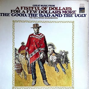 Puede incluir: Portada del álbum "A Fistful of Dollars", "For a Few Dollars More" y "The Good, the Bad and the Ugly". La portada presenta una ilustración estilizada de un vaquero con un poncho rojo, con texto en la parte superior.