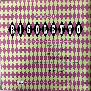 May include: A vintage vinyl record album cover for Verdi's Rigoletto. The cover features a pink and light green diamond pattern background. The title "RIGOLETTO" is in large white letters outlined in black. The album includes a cast list and the text "HIS MASTER'S VOICE".