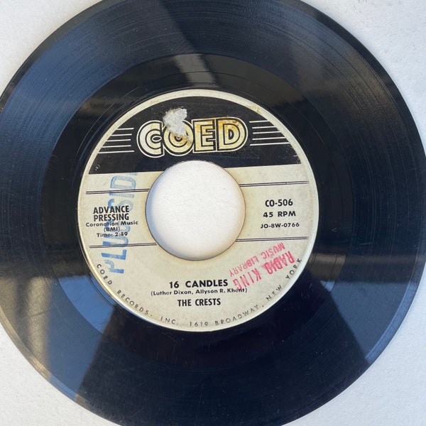 16 Candles / Beside You van The Crests, Promo Advanced Pressing, 1958, 45-toeren single