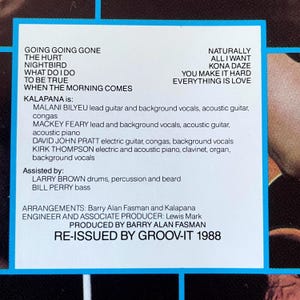 May include: A white rectangular album back cover with black text listing track titles including Going Going Gone, The Hurt, Nightbird, What Do I Do, To Be True, When The Morning Comes, Naturally, All I Want, Kona Daze, You Make It Hard, Everything Is Love.