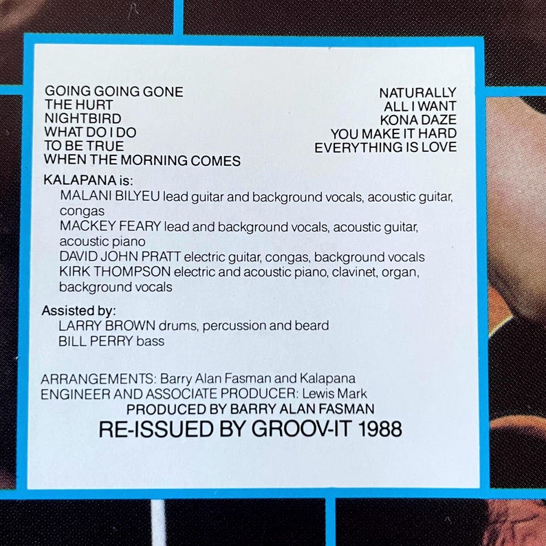 May include: A white rectangular album back cover with black text listing track titles including Going Going Gone, The Hurt, Nightbird, What Do I Do, To Be True, When The Morning Comes, Naturally, All I Want, Kona Daze, You Make It Hard, Everything Is Love.