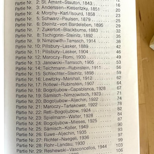 May include: A black and white printed page with the title "Inhalt" and a list of chess games with the game number, players, and year. The list includes games from 1785 to 1935.