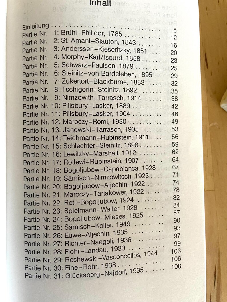 May include: A black and white printed page with the title "Inhalt" and a list of chess games with the game number, players, and year. The list includes games from 1785 to 1935.
