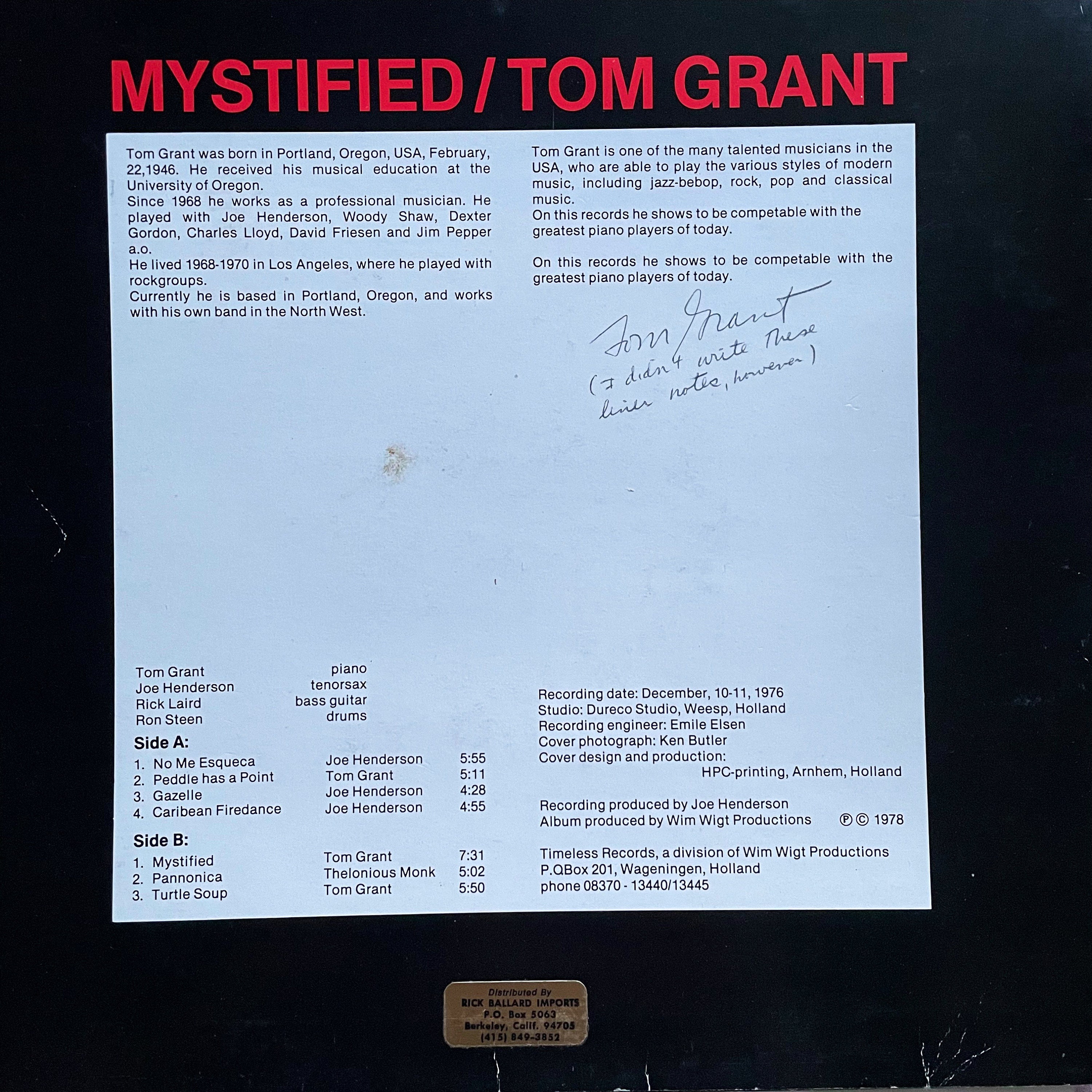 Vintage Jazz LP: Mystified by Tom Grant, Import, Timeless Records