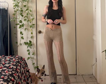 Vintage hand crochet mid rise tan flare pants