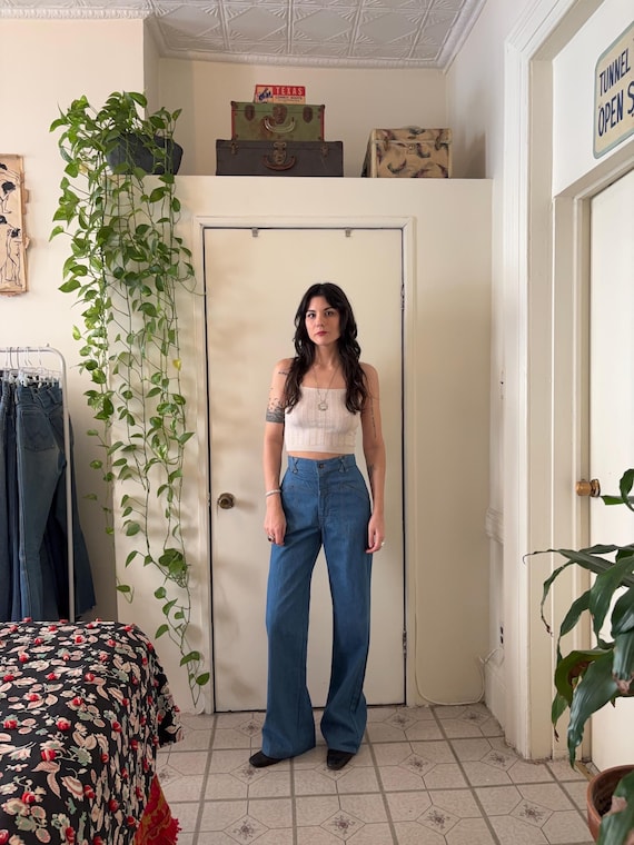 1970s high waisted wide leg denim trousers - image 1