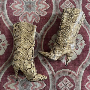 May include: A pair of high-heeled boots with a snakeskin pattern in shades of tan, brown, and black. The boots have pointed toes and curved heels. The boots are displayed on a patterned, maroon and white fabric.