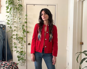 Chaqueta tipo manta roja CHIMAYO de GANSCRAFT, tejida a mano, de los años 40 y 50