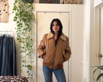 1970s quilted caramel leather bomber jacket