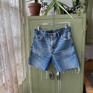 May include: Light blue denim shorts with frayed edges hanging on a clear hanger. The shorts are faded and have a classic five-pocket design. The shorts are hanging on a green cabinet in a room with plants.