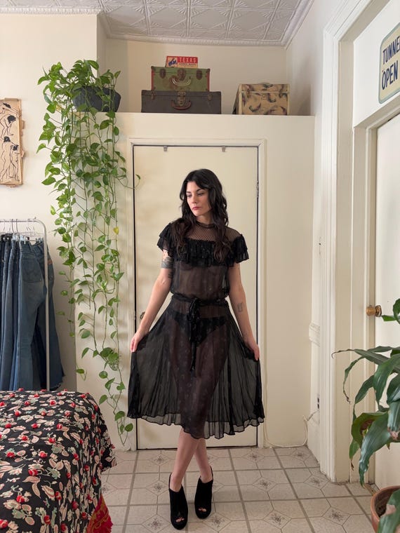 70s dress black 1970s Edwardian revival floral with high mesh neckline crafted from semi NPU-HERSHE-202431 Vintage 80s-90s Flowy Geo Color:M-Dark Green