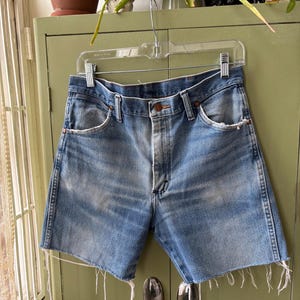 May include: Light blue denim shorts with a frayed hem, hanging on a clear hanger. The shorts have a classic five-pocket design and a button closure. The denim has a faded, worn look.