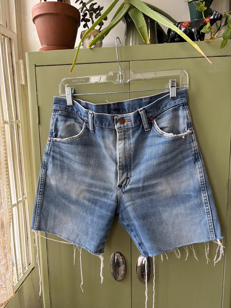 May include: Light blue denim shorts with a frayed hem, hanging on a clear hanger. The shorts have a classic five-pocket design and a button closure. The denim has a faded, worn look.