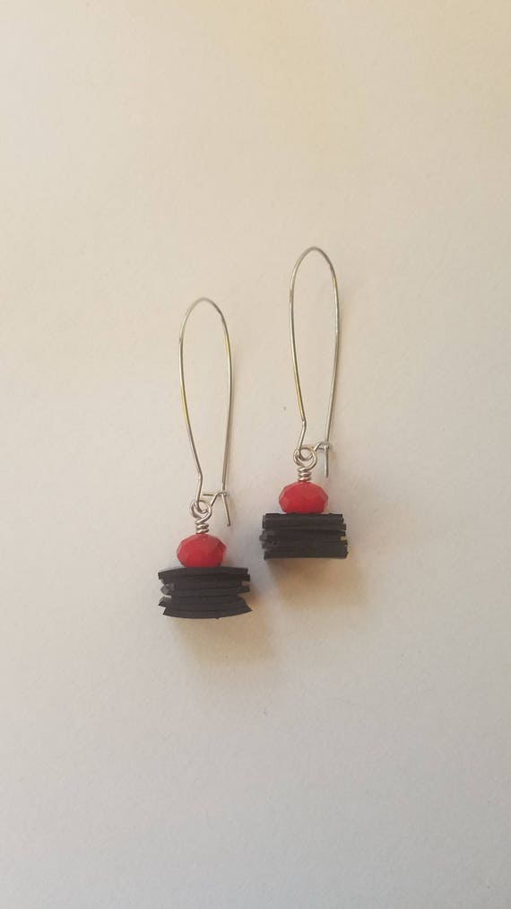 Bike Tube Stacked Red Earrings-/ Upcycled Recycled Bike Tire