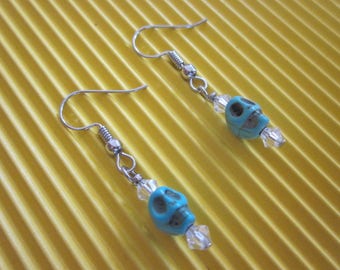 Tiny Blue Howlite Skull Earrings Embellished with White Swarovski Crystals-/ Birthday / Halloween / Dia De Los Muertos / Earrings