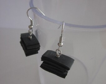 Bike Tube Chunky Stacked Earrings-/ Upcycled / Recycled Bike Tire Parts / Vegan Leather / Black, Modern Geometric / Eco-Friendly / Gift