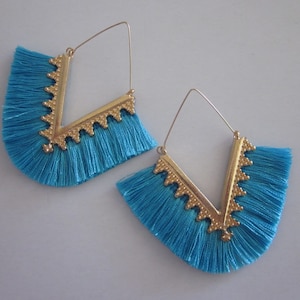Blue Fan Tassel Earrings-/ Colorful Earrings /  Fan Earrings / Tassel Earrings / Tassel Jewelry / Moda / Gift