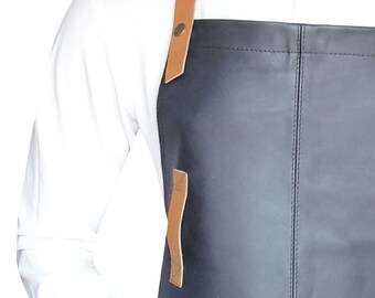 Men's Vintage Hospitality Bluff Leather Aprons in Black with Tan Colour Real Leather Neck Strap.