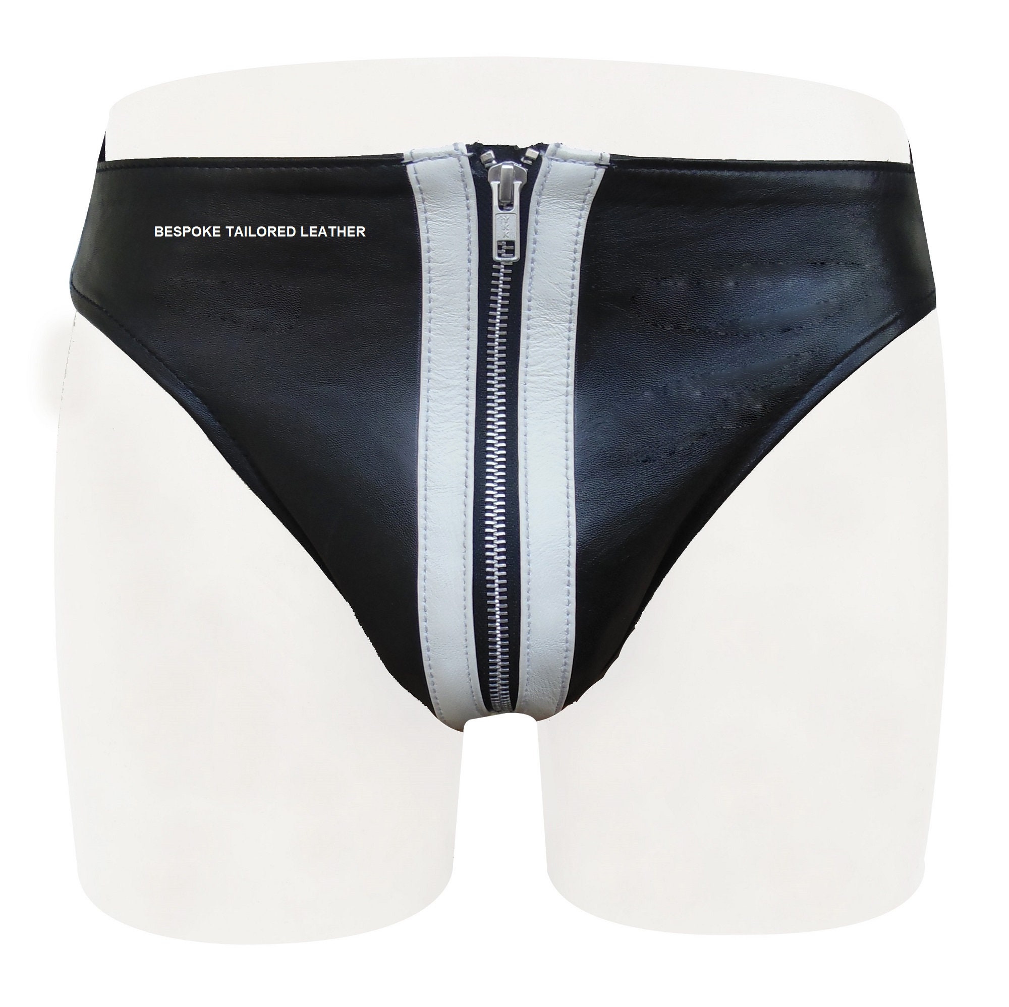Image of Leather Jockstrap With White Colour Stripes in The Middle With Zip Custom Made To Order Jo-085