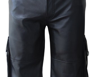 Men's Black real Leather Combat Shorts With Six Pockets  Custom Made To Order MSO-001