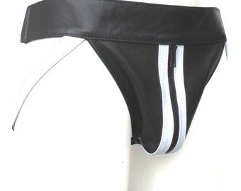 Men's Leather Jocks Jockstrap With White Colour Stripe Custom Made To Order JO-020