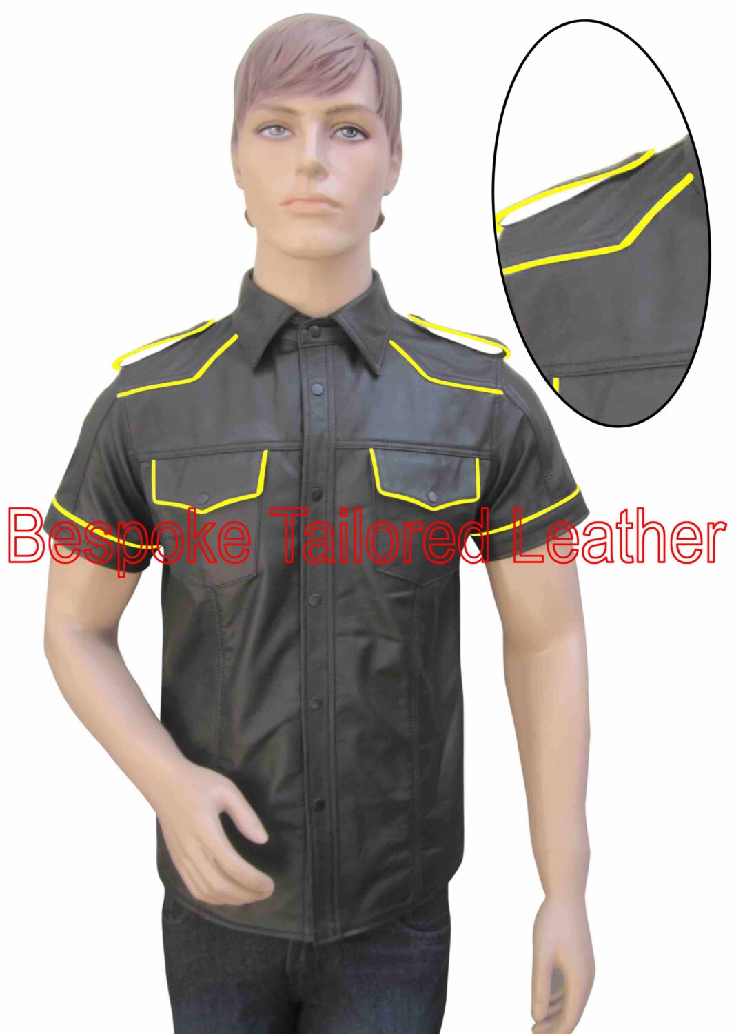 Image of Leather Shirt Military Style With Colour Piping Bsh002