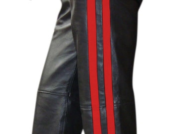 Leather Track Suit Pants Bottoms in 2 Stripes in Red Yellow Black Blueor  White with lace ties  at the Bottom