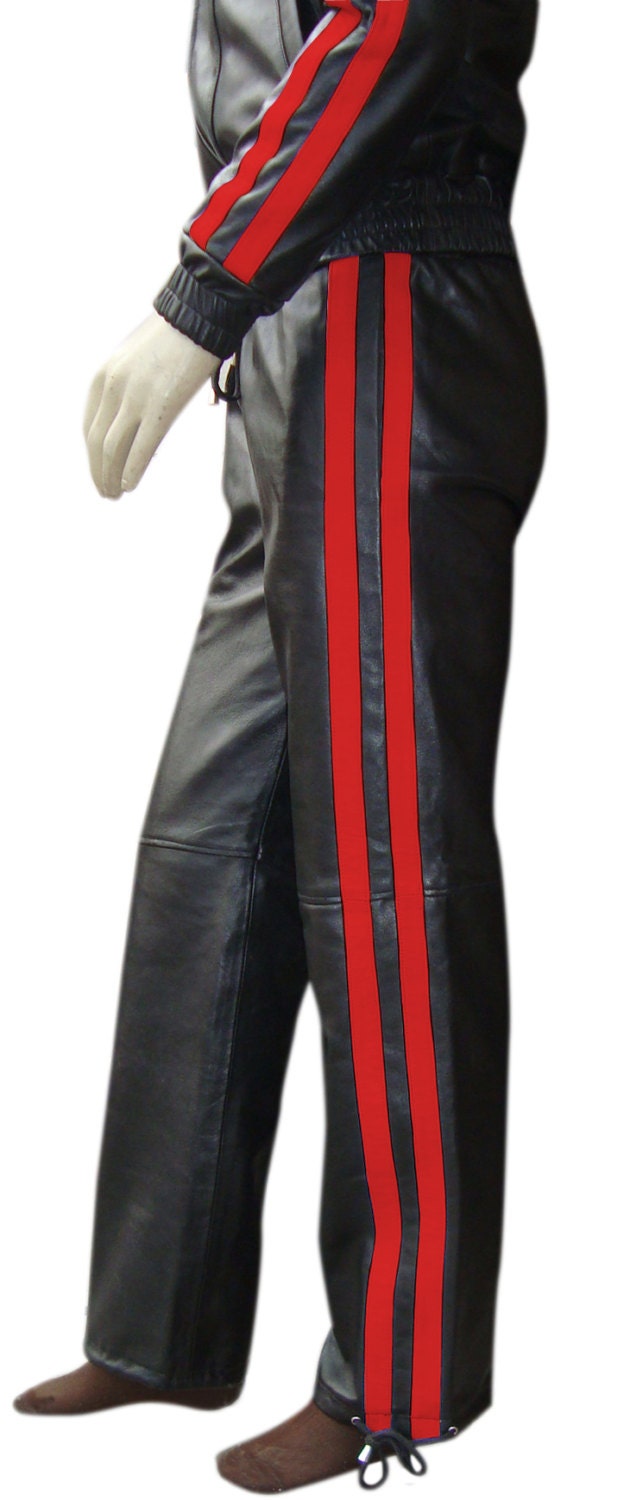 Image of Leather Track Suit Pants Bottoms in 2 Stripes Red Yellow Black Blueor White With Lace Ties At The Bottom