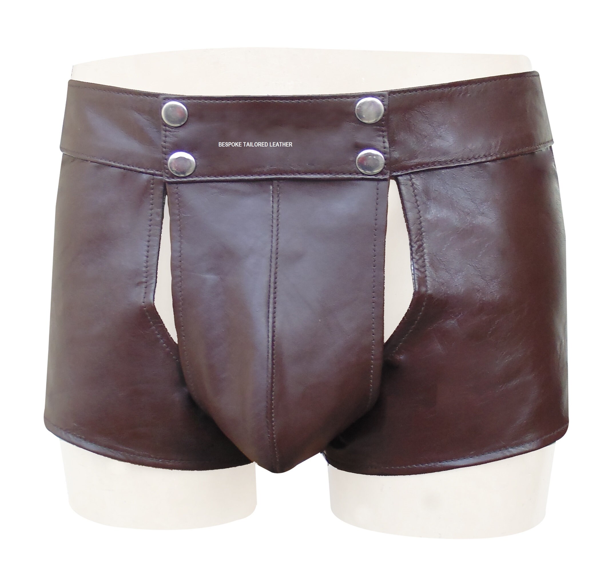 Image of Men' Brown Shorts With Flap Front Pouch in Faux Leather Jo 040