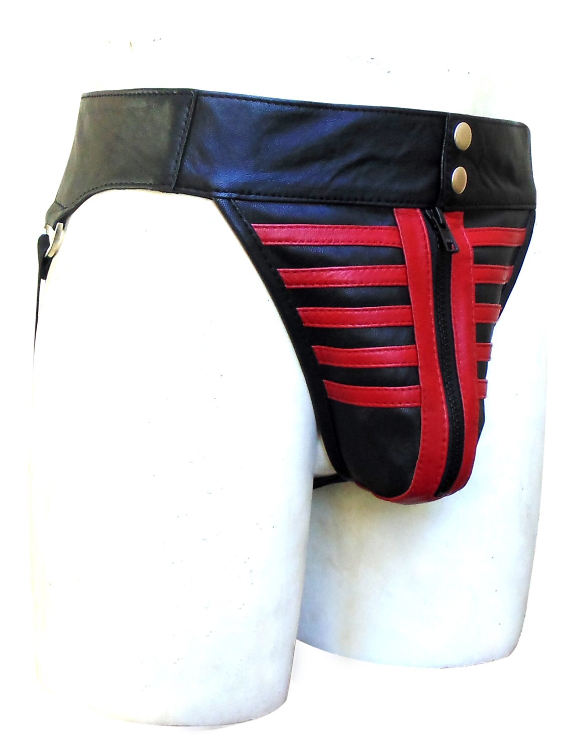 Image of Black With Red Leather Jocks With Colour Stripes Custom Made To Order Jo-018