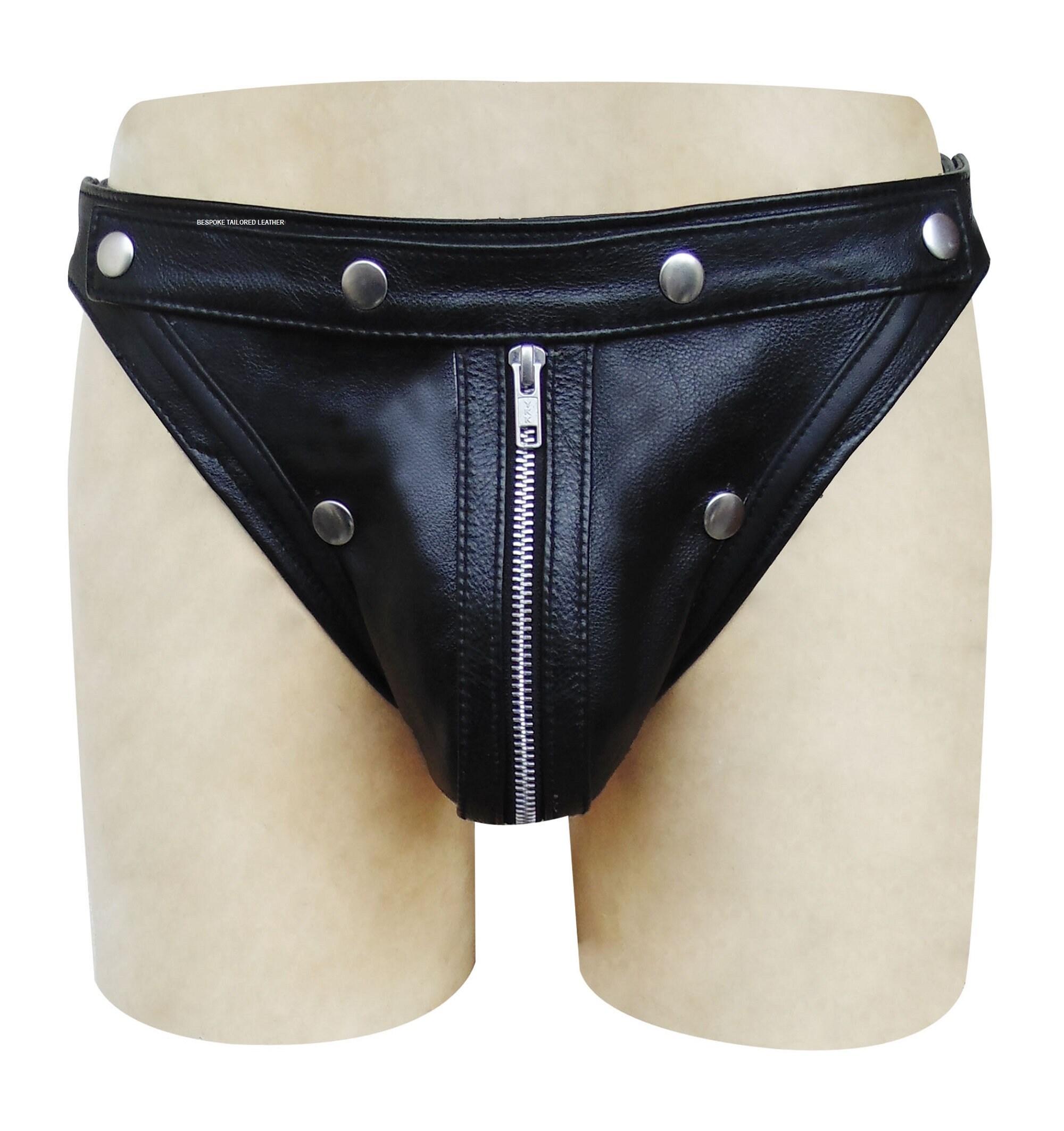 Image of Bespoke Tailored Leather Jockstrap With Colour Black Zip At Front & Studs Jo-062