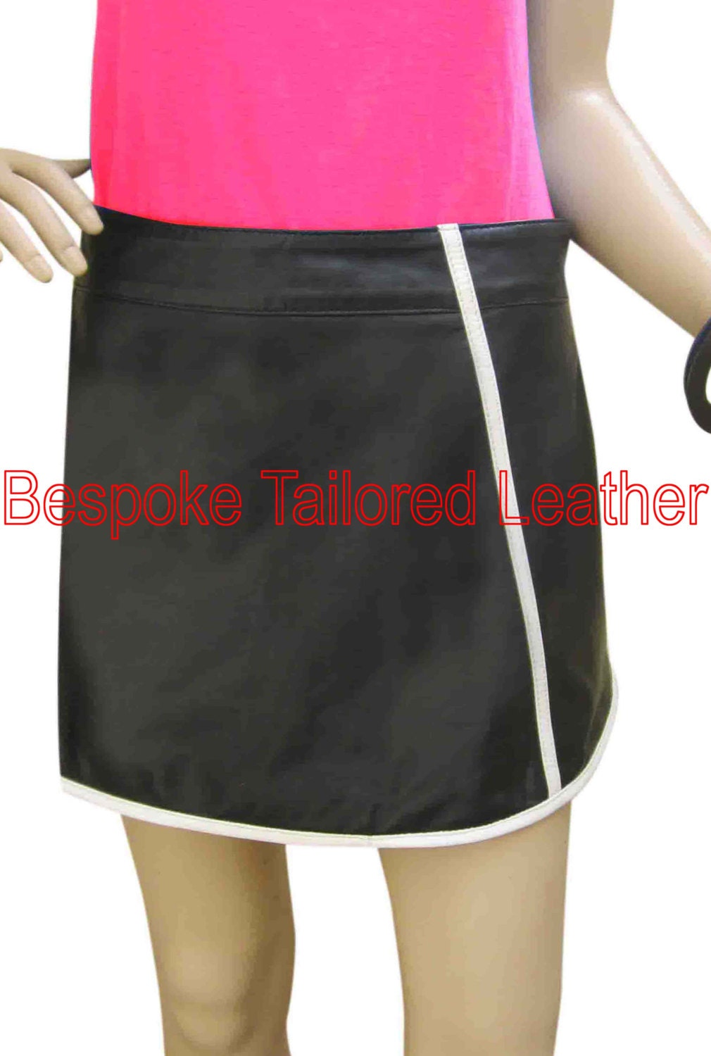 Image of Black Leather Skirt With White Strip - Custom Made To Order Wsk
