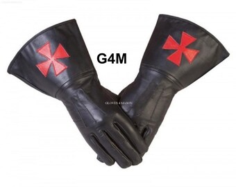 Knights Templar Gauntlets in Real Leather With Red Templar Cross Made from Quality Leather Upright Cuffs