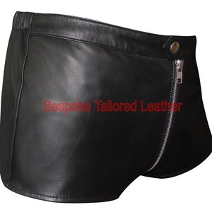 Men's Black Leather Shorts with Zip Front and Black.