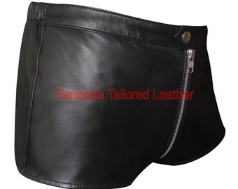 Men's Black Leather Shorts with Zip Front and Black.