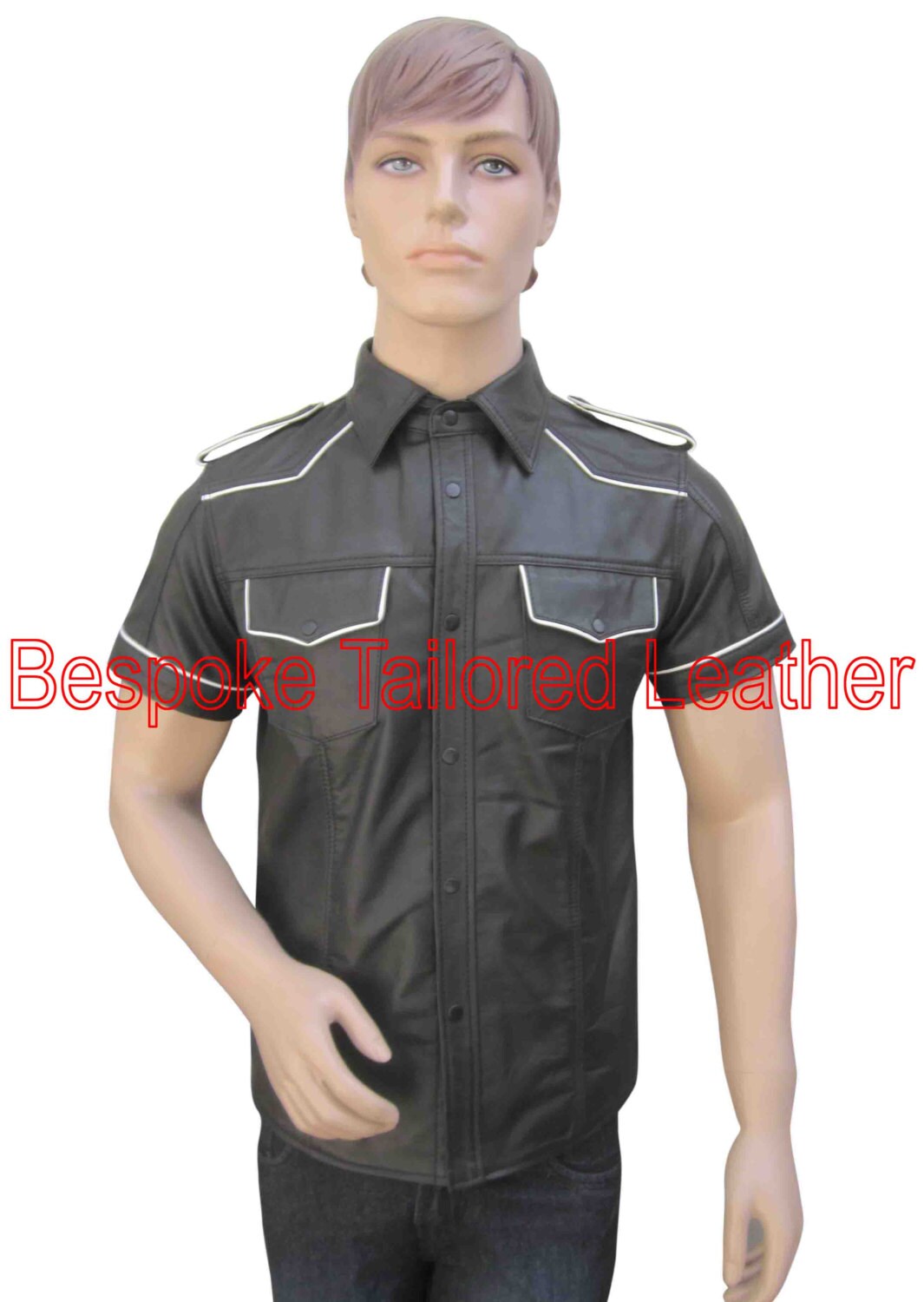 Image of Bespoke Tailored Leather Men's Black Shirt in Military Style With Colour Piping Sh002