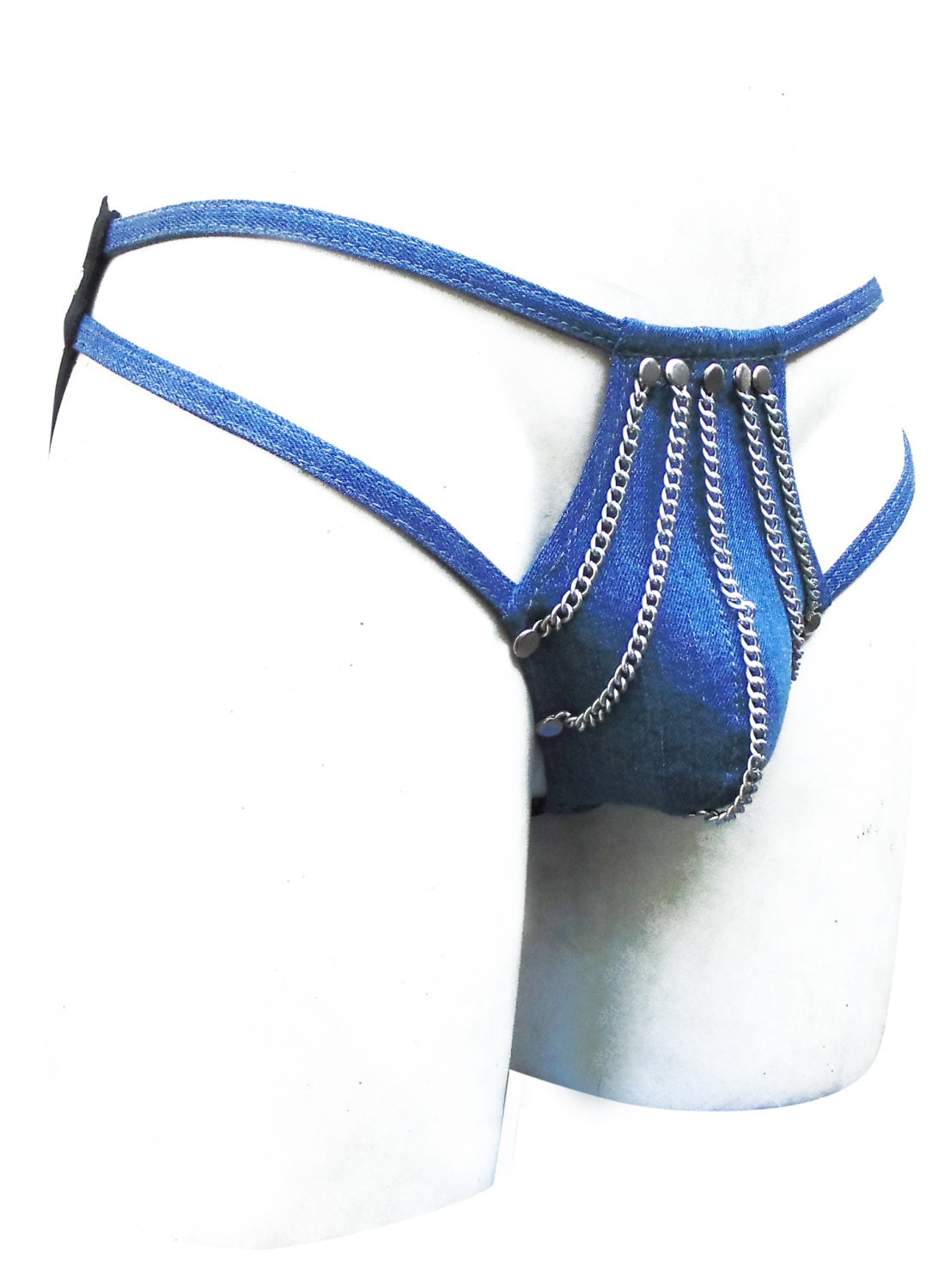 Image of Denim Fabric Jockstrap With Chain Mdn001