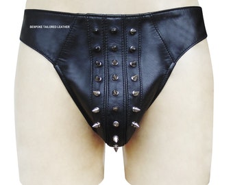 BLACK Leather Jocks/Thong With Metal Stud Custom Made To Order BTLN005-B