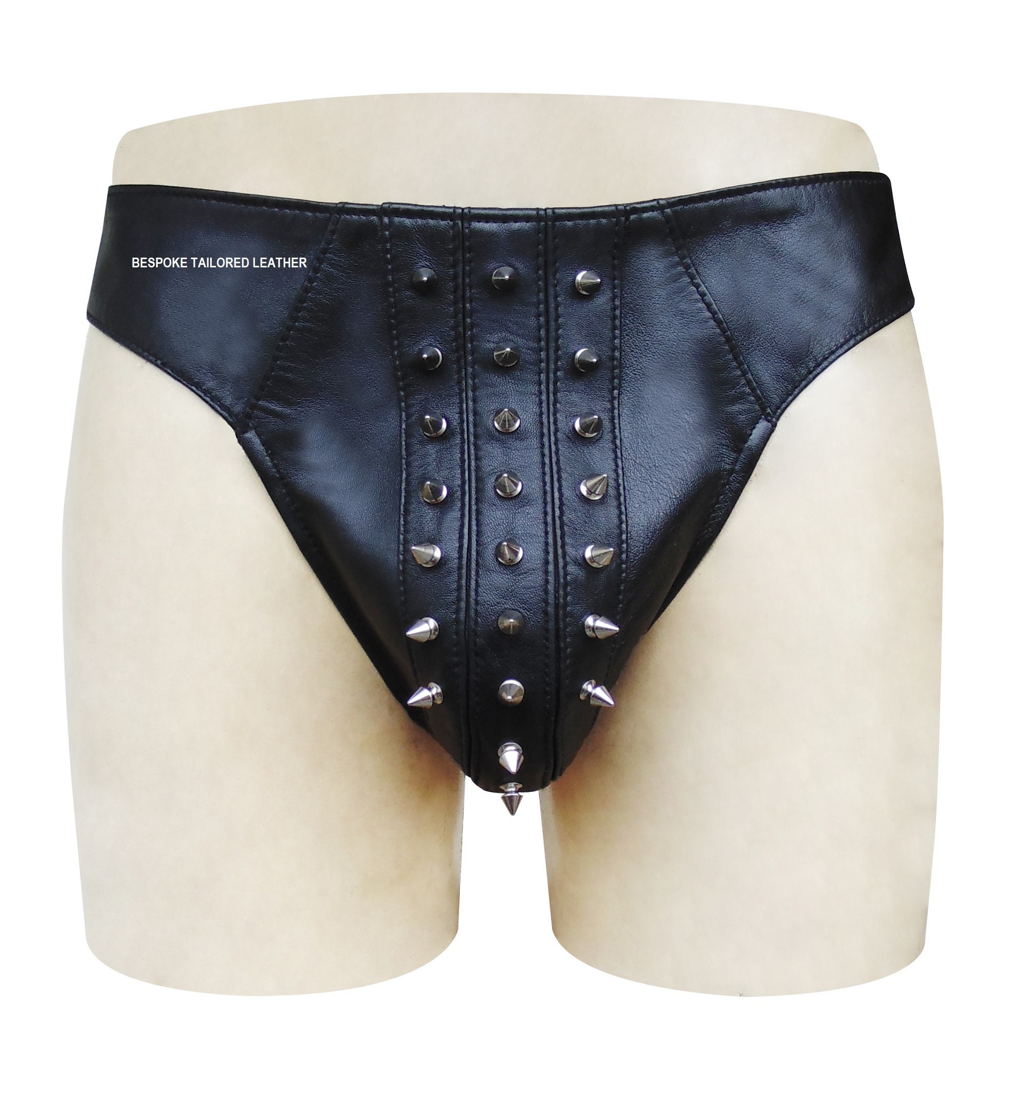 Image of Black Leather Jocks/Thong With Metal Stud Custom Made To Order Btln005-B