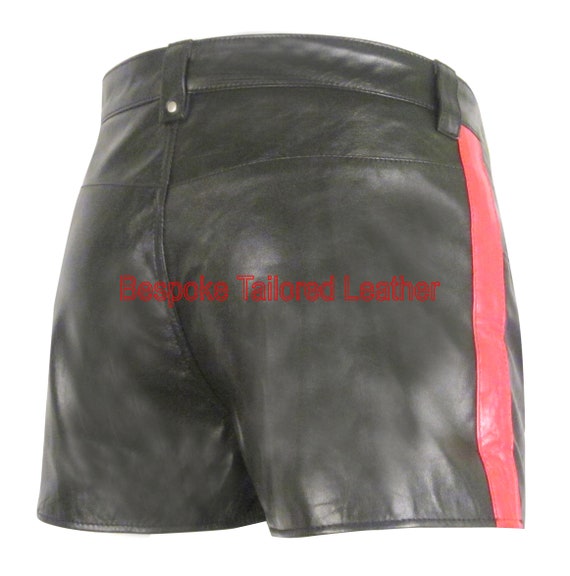 Men's Hot Black Leather Shorts With Red 