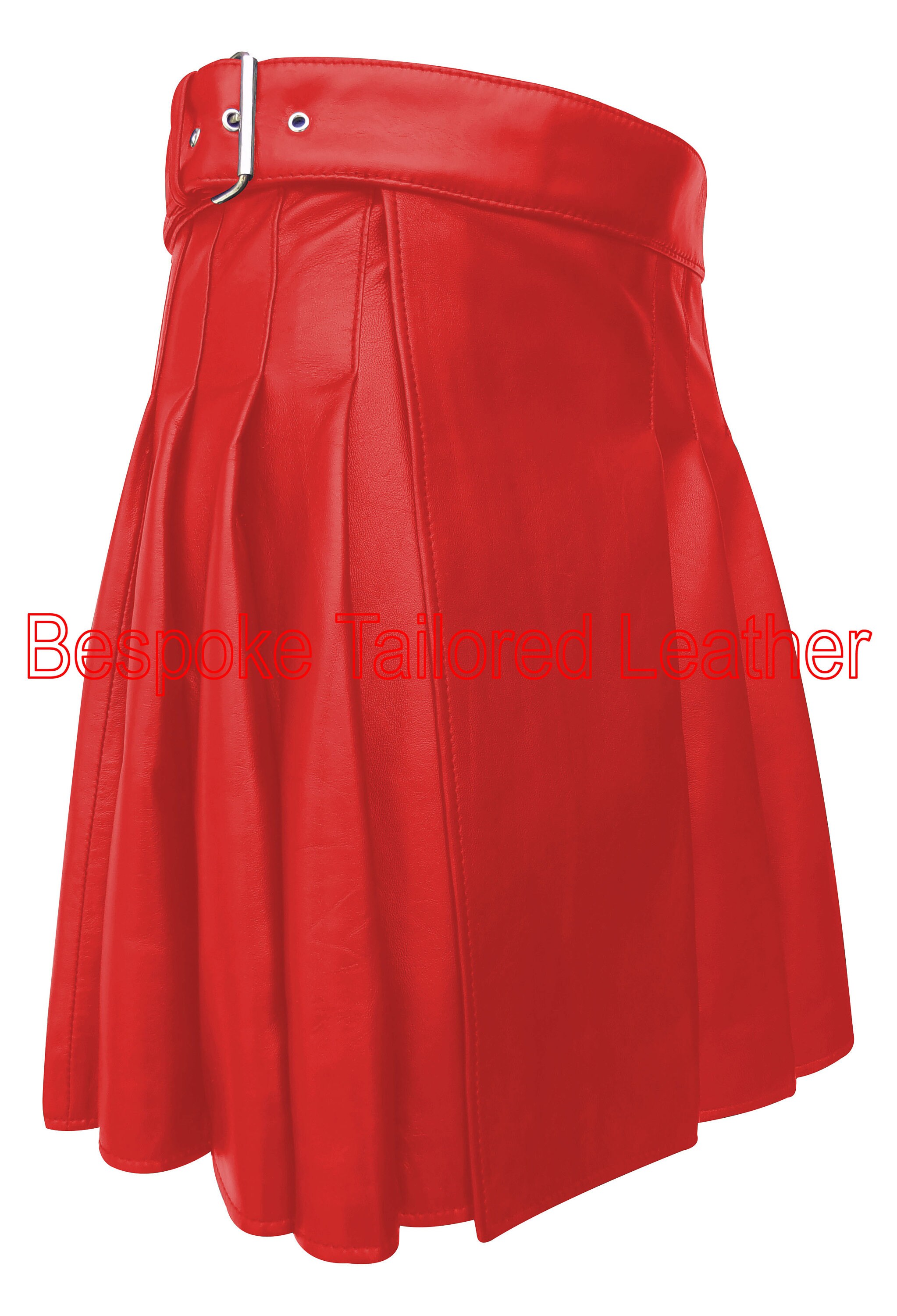 Image of Ladies Leather Kilt With Buckle Knee Length - in Red Bkln001