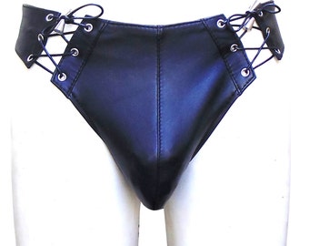 Black Leather Jockstrap with Lace-Up (Custom Made to Order) BTLN008