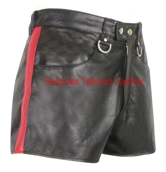 Men's Hot Black Leather Shorts With Red 
