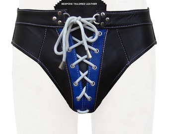 Black with Blue Leather Briefs With Front White Lace Custom Made To Order JO-112