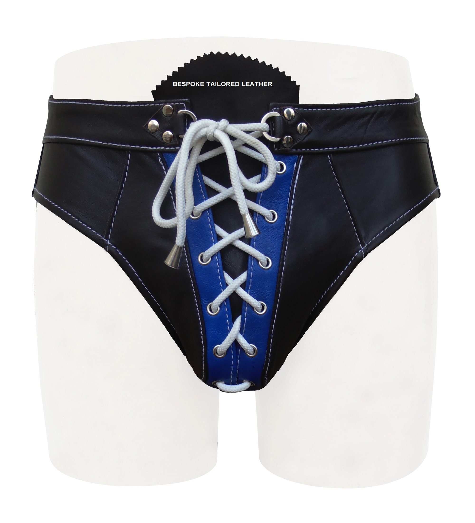 Image of Black With Blue Leather Jockstrap With Front White Lace Custom Made To Order Jo-084